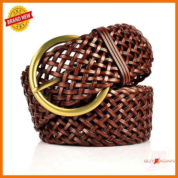 2 Inch Wide Braided Leather Belt with Gold Buckle for Women main image 5